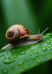 Close-up of a snail crawling on a green leaf covered in water droplets