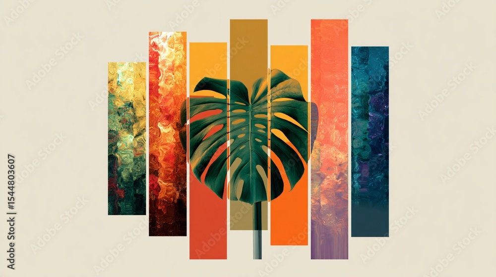 Poster a monstera leaf is overlayed with artistic rectangles in a minimalist and modern visual composition.