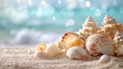 Shells scattered across fine golden sand, bathed in sun, shimmering ocean in the background