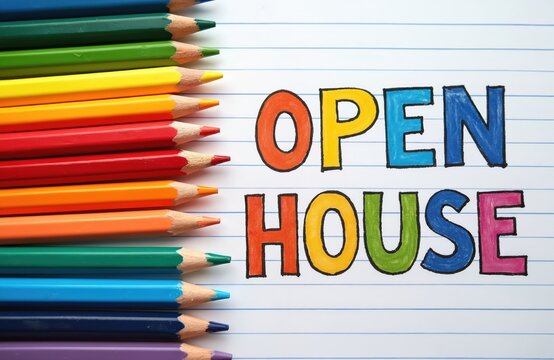 Open house message written with colored pencils on vintage lined paper. Education, learning, school, knowledge concept. Back to school theme. Colorful pencils on notebook background.