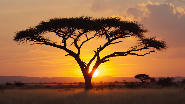 Silhouette of an acacia tree at sunset in the African savanna, creating a warm and tranquil atmosphere.