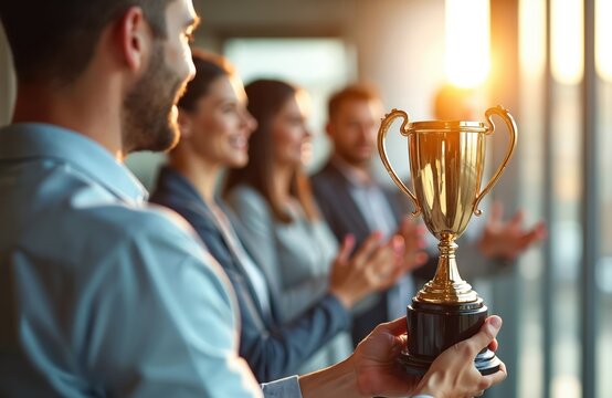 Man holds golden trophy award celebrating business success. Colleagues applaud, cheer winner in modern office. Team celebrates employee achievement. Success concept victory teamwork corporate reward.
