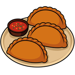 Vector illustration of traditional indonesian jalangkote with chili sauce on plate