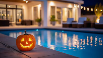 Jack-o'-lantern with glowing face placed on a table beside a shimmering pool, surrounded by palm trees and festive lights, creating a vibrant Halloween atmosphere