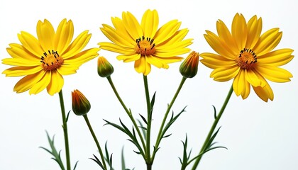 Hyperrealistic coreopsis tickseed flowers on white. Vibrant yellow petals, orange buds, green stems and leaves. Perfect for botanical illustrations, design, nature, gardening, spring, summer content.