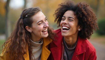 Two young women laughing hysterically at. Friends enjoying moment fun, joy, happiness. Cheerful girls joke, fun, embrace friendship, share moment of laughter, good times, in park outdoors.