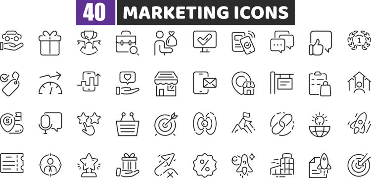 Marketing Outline Icons for Digital Strategy, Advertising, and E-commerce
