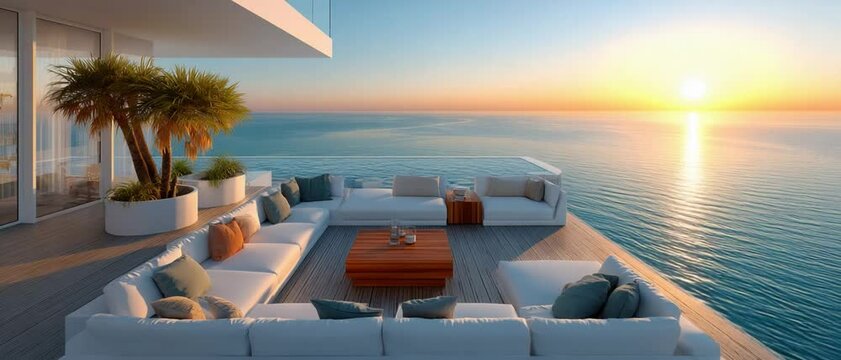 Seaside Serenity: A breathtaking view of a luxurious seaside lounge at sunset, showcasing the perfect blend of comfort and tranquility. The endless ocean stretches towards the horizon.