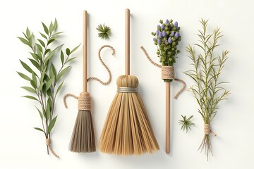 Flat Lay of Natural Brooms and Herbs on White – Eco Friendly Lifestyle and Cleaning Concept