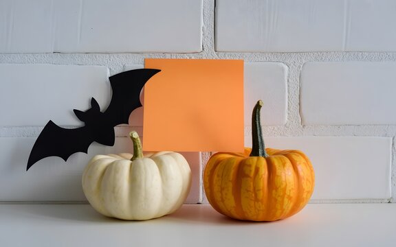 Festive halloween still life featuring pumpkins bat and blank orange note