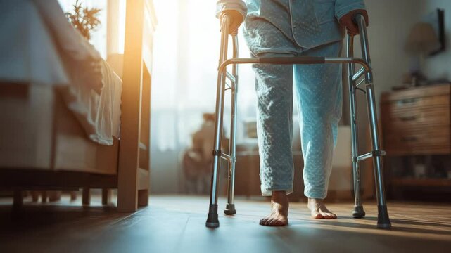 Elderly individual using walker for mobility during rehabilitation process