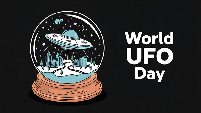 World UFO Day Banner with a glowing flying saucer on a dark background
