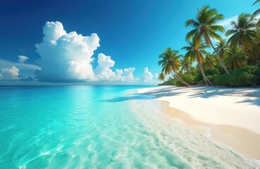 Fototapeta premium Idyllic tropical beach scene with turquoise water, white sand, and lush green palm trees. Clear blue sky, horizon over ocean. Perfect vacation destination, relaxation spot, sunny day, travel photo.