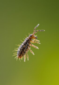 Close-up of a springtail insect in mid-air against a blurred green background