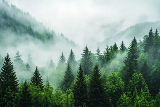 A dense pine forest is shrouded in morning mist, giving it a foggy appearance