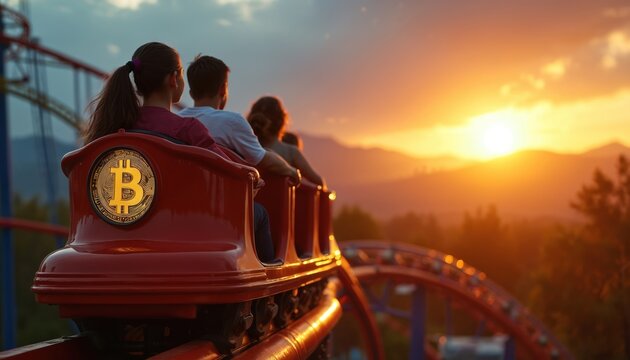 Family on roller coaster, bitcoin symbol on. Sunset, people ride amusement park attraction, enjoying thrilling experience. Bitcoin, finance, investment concept during sunset at mountains.