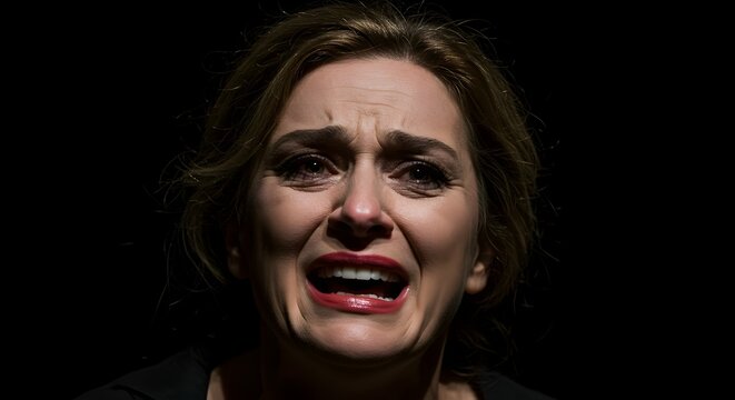 Crying woman expresses deep sorrow and emotional pain in dramatic theatrical lighting with dark background shadows surrounding her.