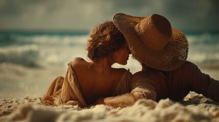 Couple Relaxing on Tropical Beach at Sunset