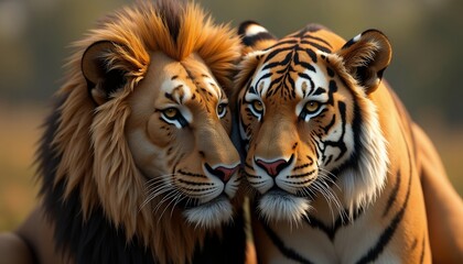 Fototapeta premium Lion and Tiger Closeup Portrait