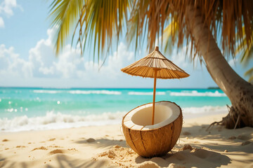 Tropical Beach Paradise with Coconut Drink and Palm Trees