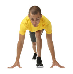 Runner in starting position on white background