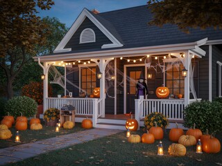 Spooktacular halloween home decorated with pumpkins string lights and festive decorations