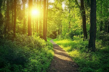 Fototapeta premium Summer view of pine and fir forest with a pathway in the park