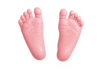 Delicate pink newborn baby feet resting, revealing tiny toes and soft soles on transparent pastel surface