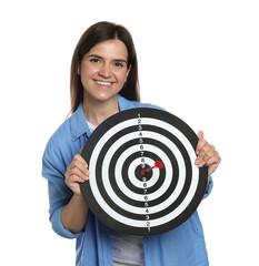 Targeting. Smiling woman with dart board and arrow on white background