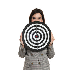 Targeting. Businesswoman with dart board on white background