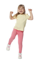 Happy little girl dancing on white background
