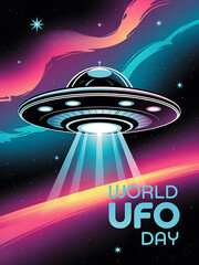 World UFO Day Story with flying saucer beam over a dark landscape