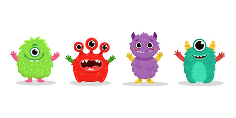 set of cartoon monsters. Cute monster in flat style. Kids funny character design for posters, cards, magazins. Vector illustration
