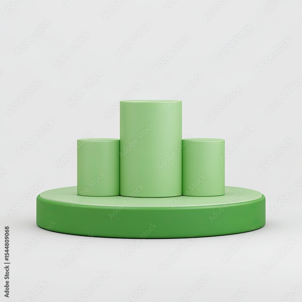 Poster green cylinders on a round platform for product display or showcase