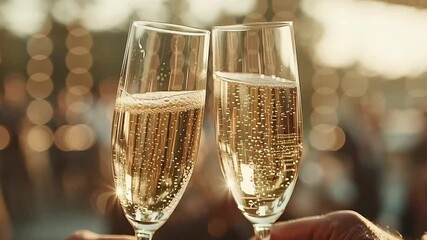 Two sparkling wine glasses clink together in a toast during a joyful outdoor gathering at sunset, surrounded by a warm atmosphere and laughter among loved ones.