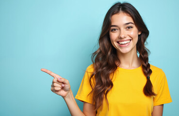 Smiling young woman isolated on blue background. Brunette shows something on blank space. Beautiful female points finger aside, showing product. Happy caucasian girl promotes item, wearing yellow