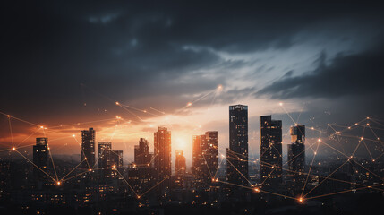 Fototapeta premium Smart digital Innovation city with connection network reciprocity over the sunset cityscape. of future wireless digital city and social media networking systems that connects people with in city