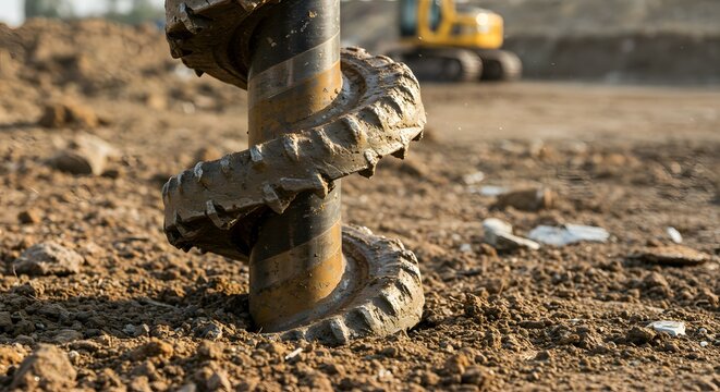 Industrial drilling auger boring deeply into brown rocky earth at a noisy active construction excavation site.
