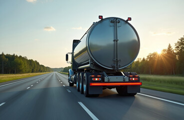 Naklejka premium Grey semi truck with liquid barrel tank container on empty two lane asphalt highway road on summer day against green forest background. Dangerous cargo logistic, chemical transport.