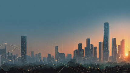 Fototapeta premium Smart digital Innovation city with connection network reciprocity over the sunset cityscape. of future wireless digital city and social media networking systems that connects people with in city