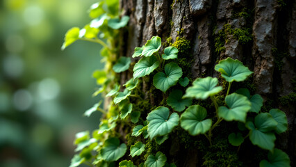 Fototapeta premium Living Embrace: A close-up portrayal of nature's tenacity, showing vibrant green leaves and moss gracefully intertwining with the textured bark of an aged tree.
