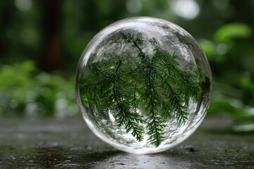 Crystal ball reflecting green fern leaves in natural outdoor setting with soft bokeh background, creating peaceful and serene atmosphere