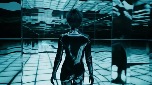 A person slowly walks into an endless hall of mirrors with shifting reflections