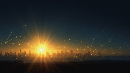 Smart digital Innovation city with connection network reciprocity over the sunset cityscape. of future wireless digital city and social media networking systems that connects people with in city