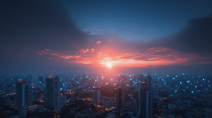 Fototapeta premium Smart digital Innovation city with connection network reciprocity over the cityscape. of future smart wireless digital city and social media networking systems that connects people with in city