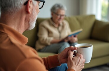 Senior man holds coffee mug enjoying time with friend. Elderly woman reads book, both relaxing indoors. Mature couple drink tea, enjoying calm retirement leisure. Friendship, home comfort in golden