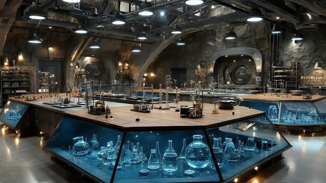 Interior of Laboratory with Glassware on Tables in Industrial Style Room