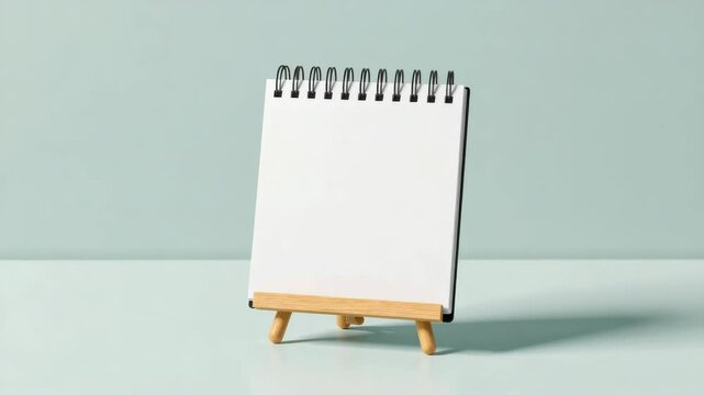 A blank spiral notepad on a wooden mini easel, set against a plain pastel background.