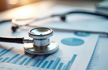Stethoscope rests on financial report graph. Chart paper, business data, economic analysis, finance statistics concept. Healthcare, insurance cost concept. Medical stethoscope on business chart,