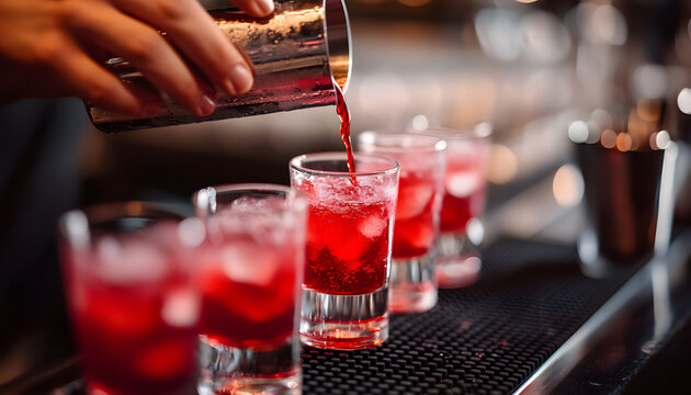 Close-up of barman hand pouring alcohol into shot glasses in a nightclub or bar - Powered by Adobe